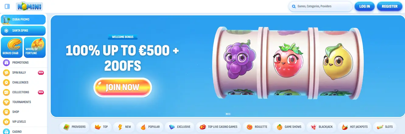 Nomini Online Casino Hlavní menu