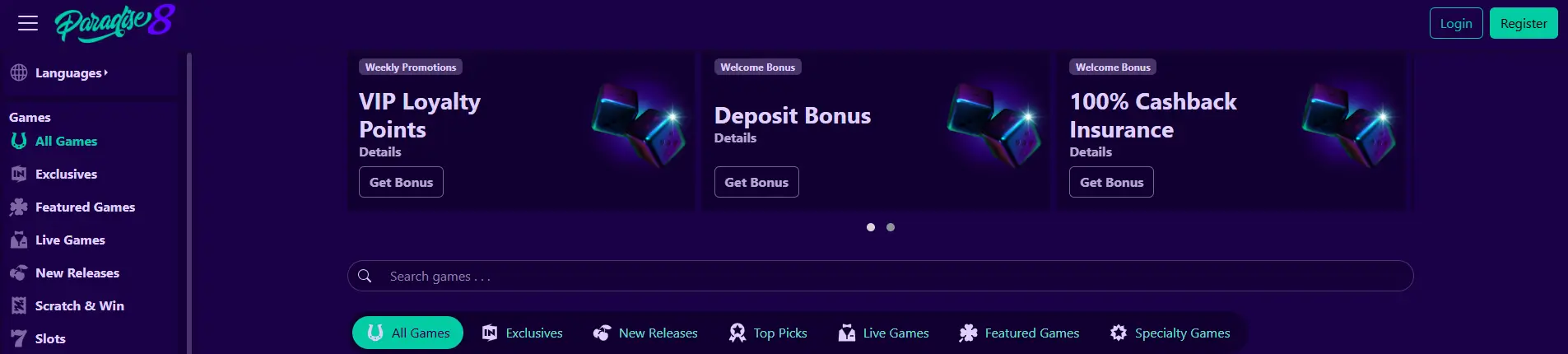 Paradise8 Hlavní menu