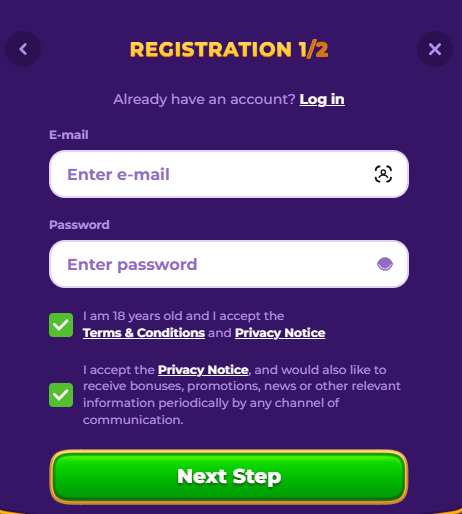 Registrační menu RoyalGame