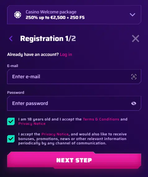 Roby Casino Registrační menu
